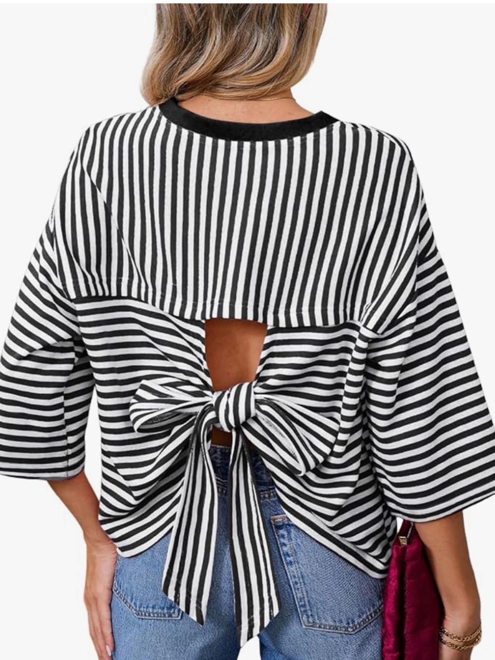 Black & White Striped Tie-Back Short Sleeve Women’s Top